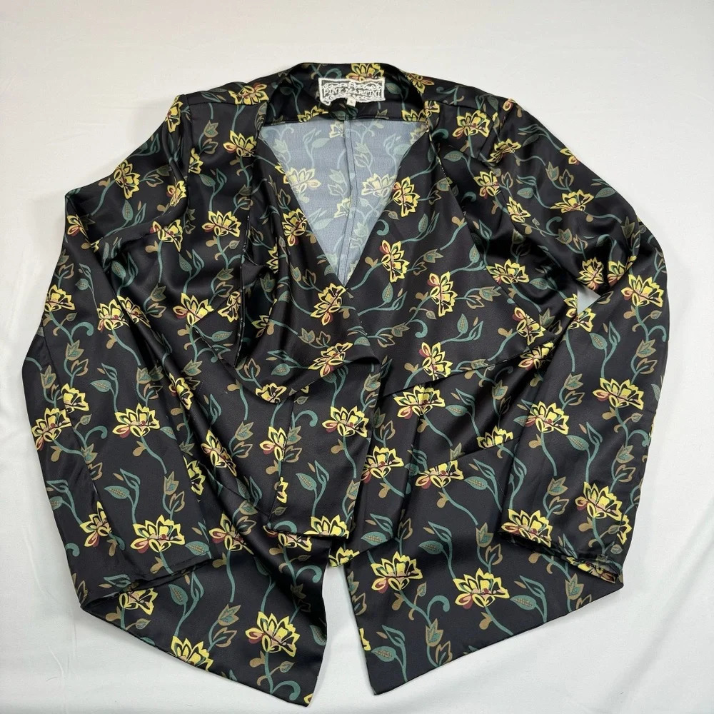 Pink Martini Open Front Blazer Jacket Womens Size Large Black Gold Florals